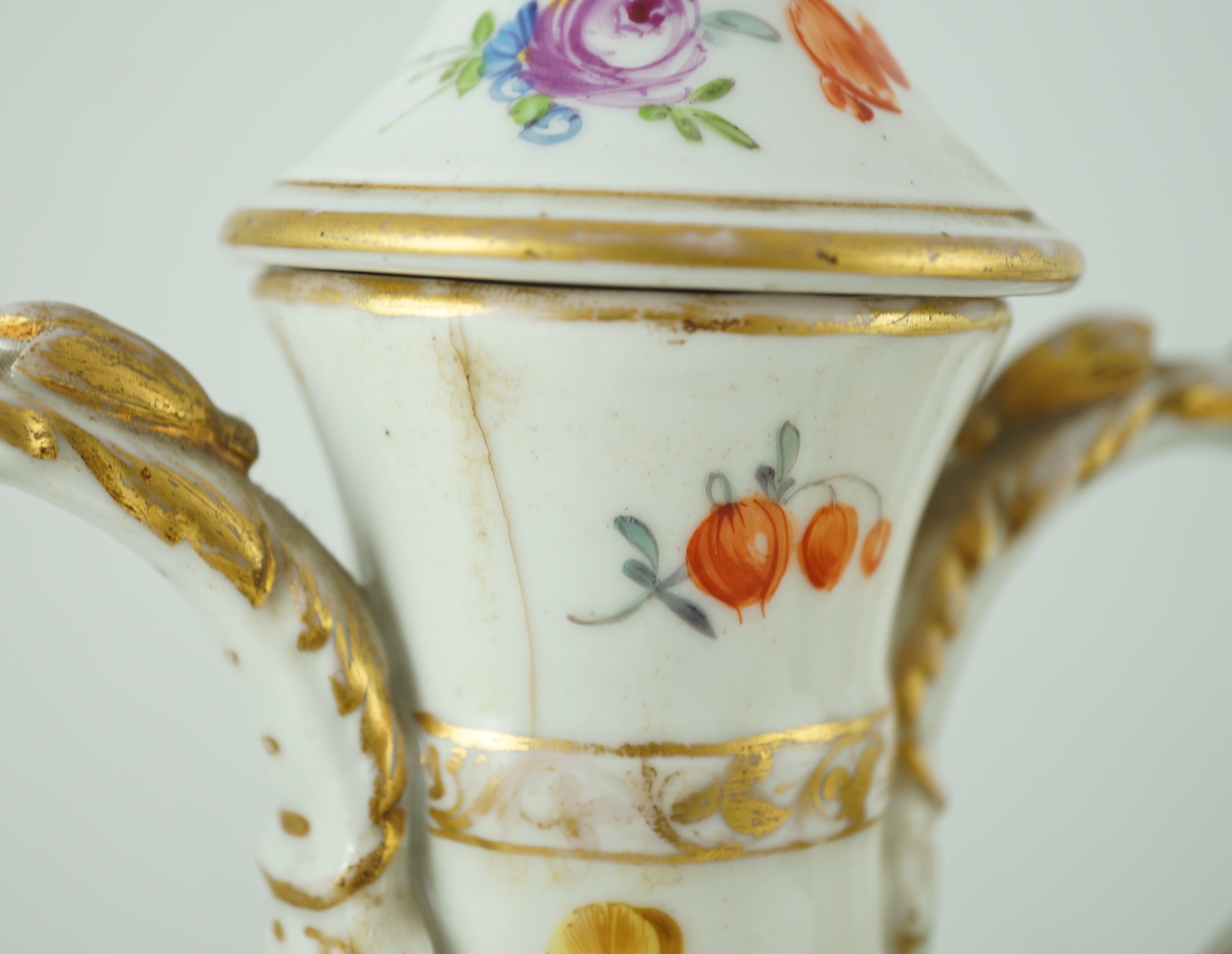 A pair of Potschappel porcelain vases and cover, late 19th century, 41cm high, slight damage